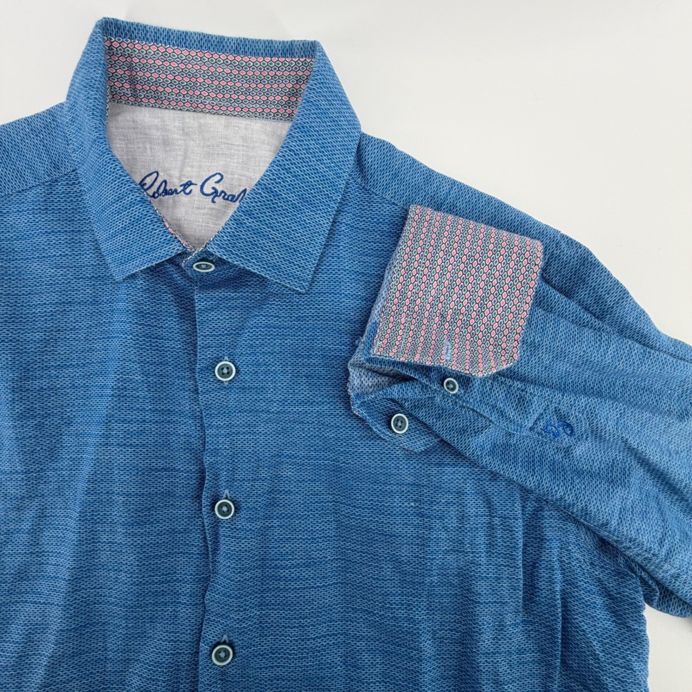 Robert Graham Mens Classic Fit Blue Textured Linen Cotton Button Up Shirt Size S